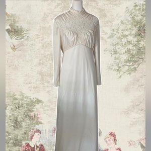Vintage 1930’s ivory liquid satin Edwardian lace, bias cut, wedding gown.